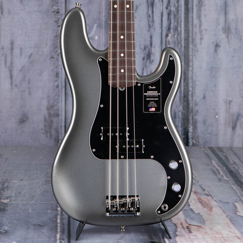 Fender American Professional II Precision Bass Guitar, Mercury, front closeup