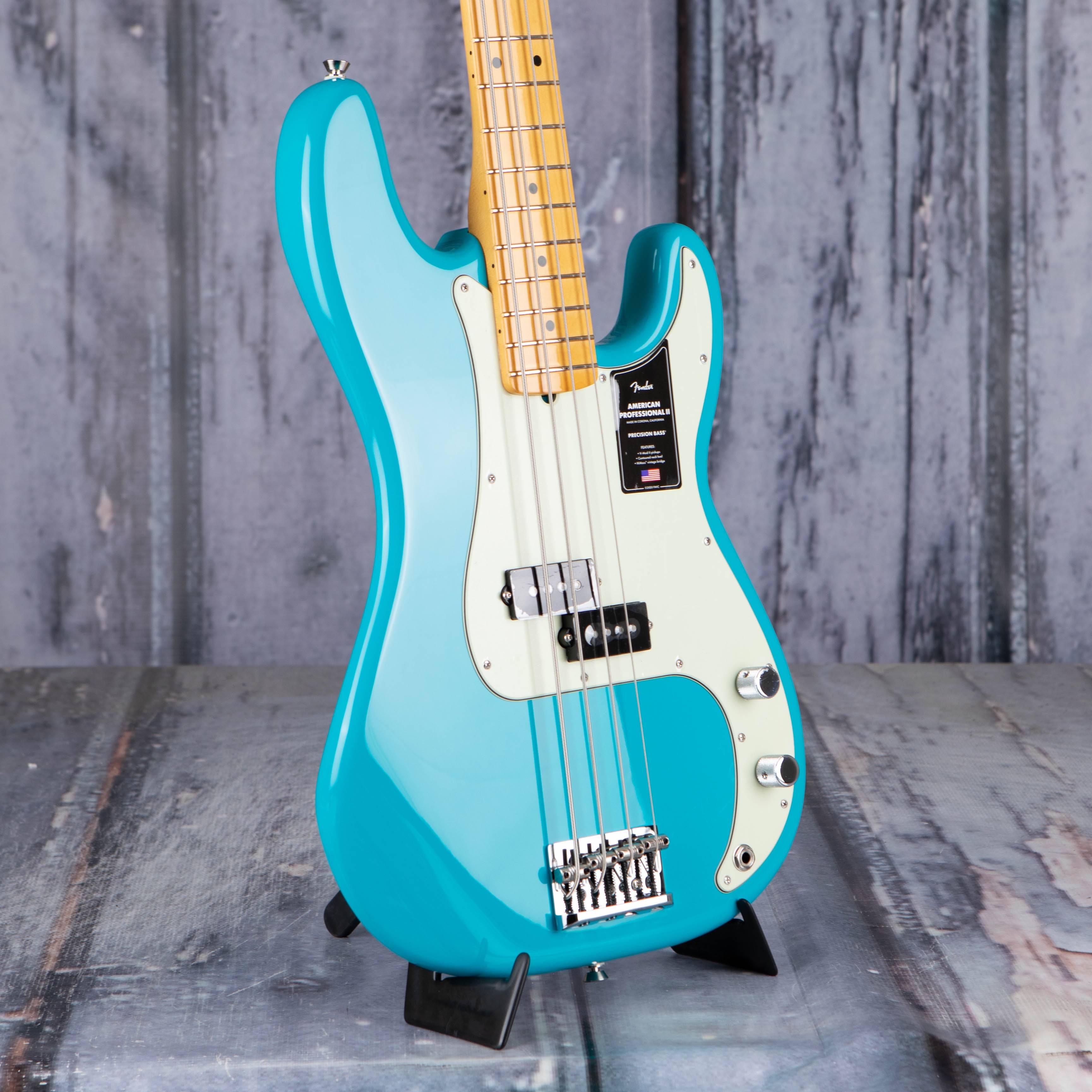 Fender American Professional II Precision Bass Guitar, Miami Blue, angle