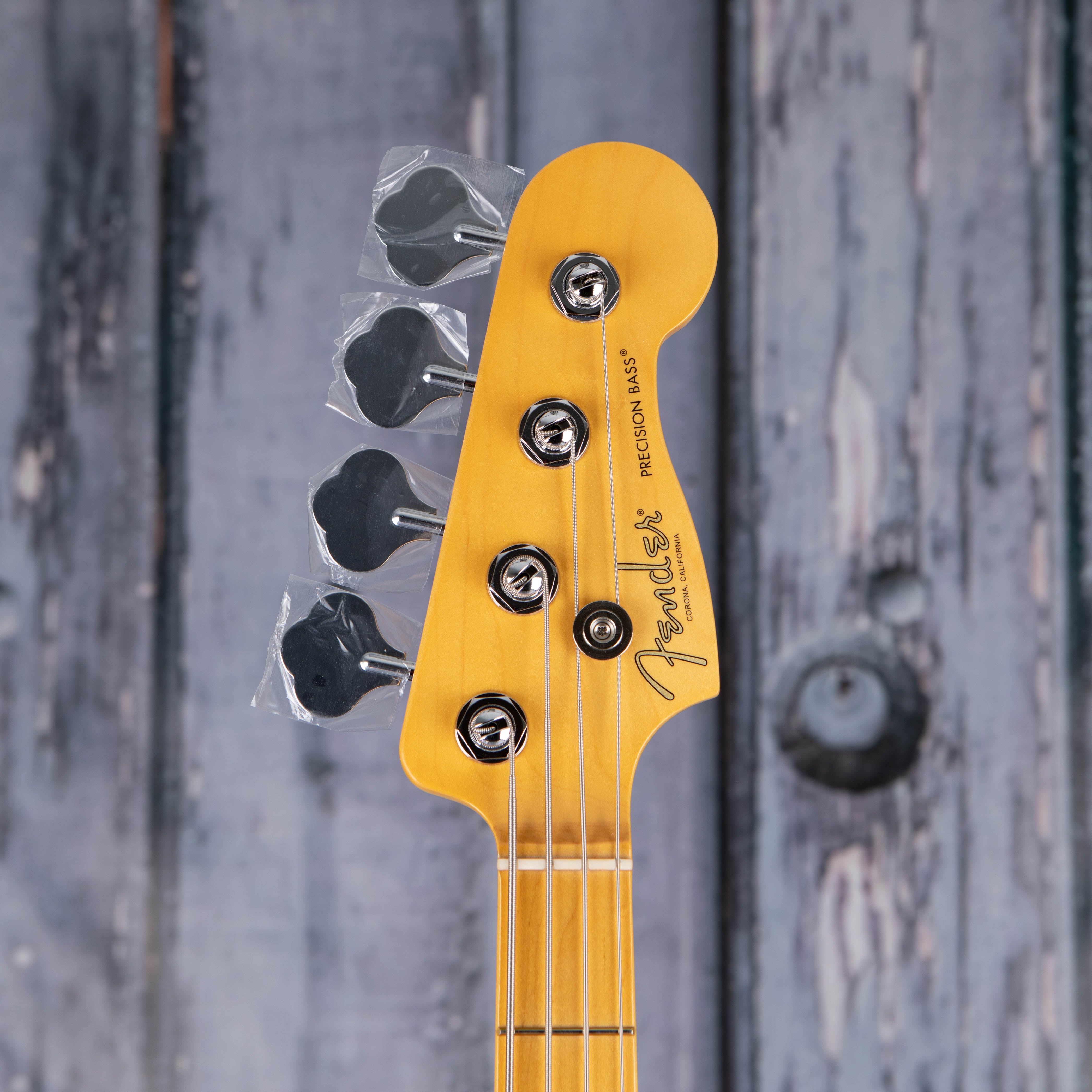 Fender American Professional II Precision Bass Guitar, Miami Blue, front headstock