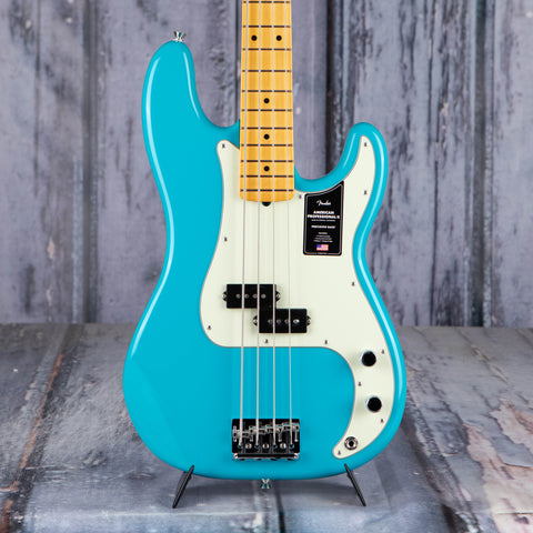Fender American Professional II Precision Bass Guitar, Miami Blue, front closeup