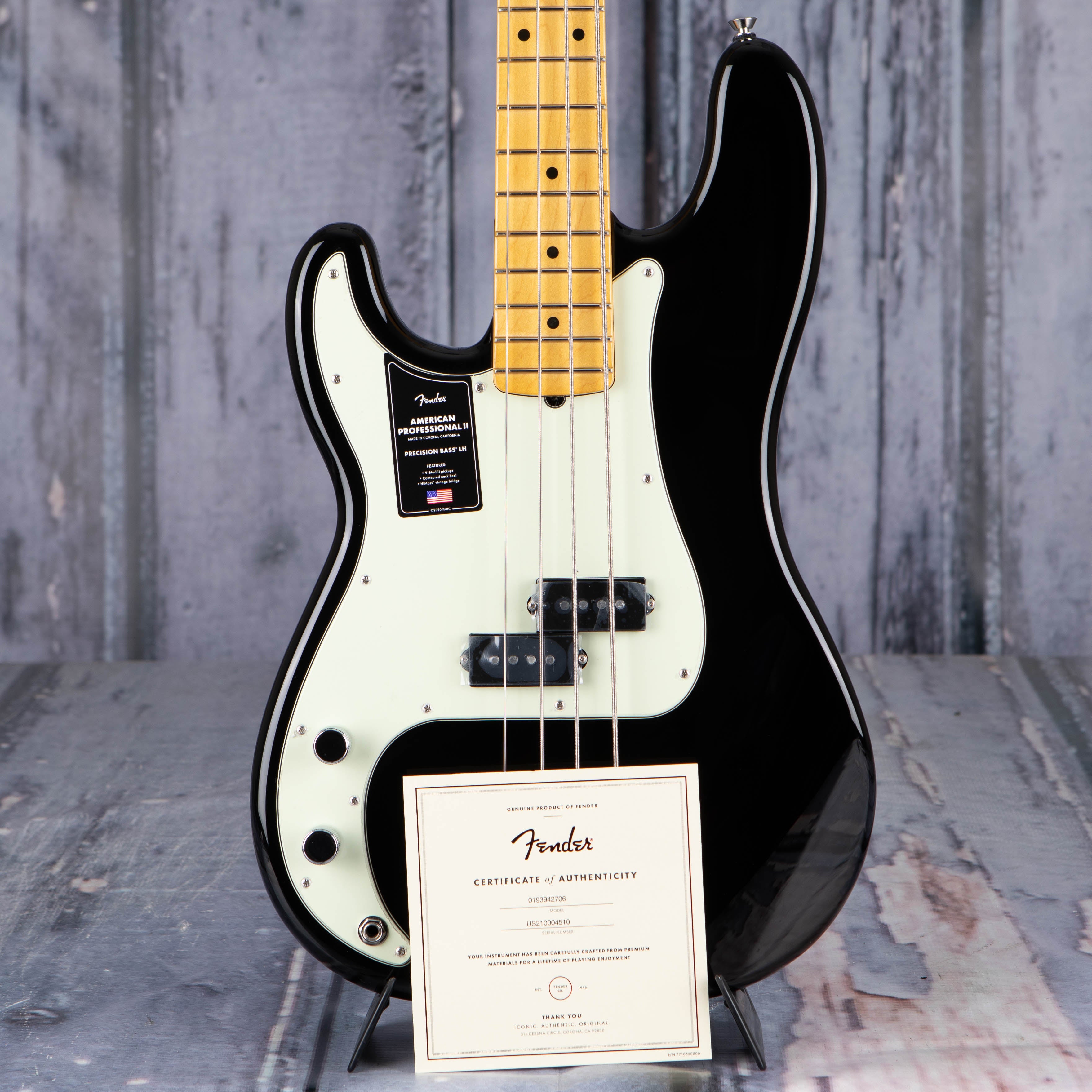 Fender American Professional II Precision Bass Left-Handed Guitar, Black, coa