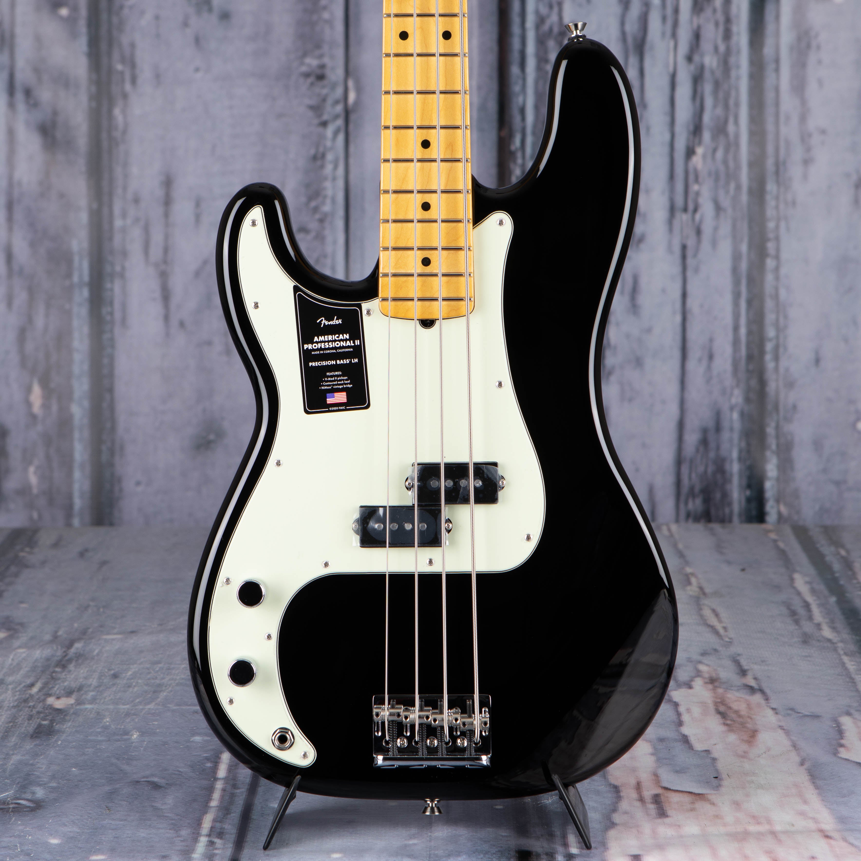 Fender American Professional II Precision Bass Left-Handed Guitar, Black, front closeup