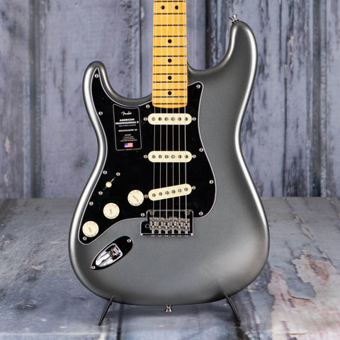 Fender American Professional II Stratocaster Left-Handed Electric Guitar, Mercury, front closeup