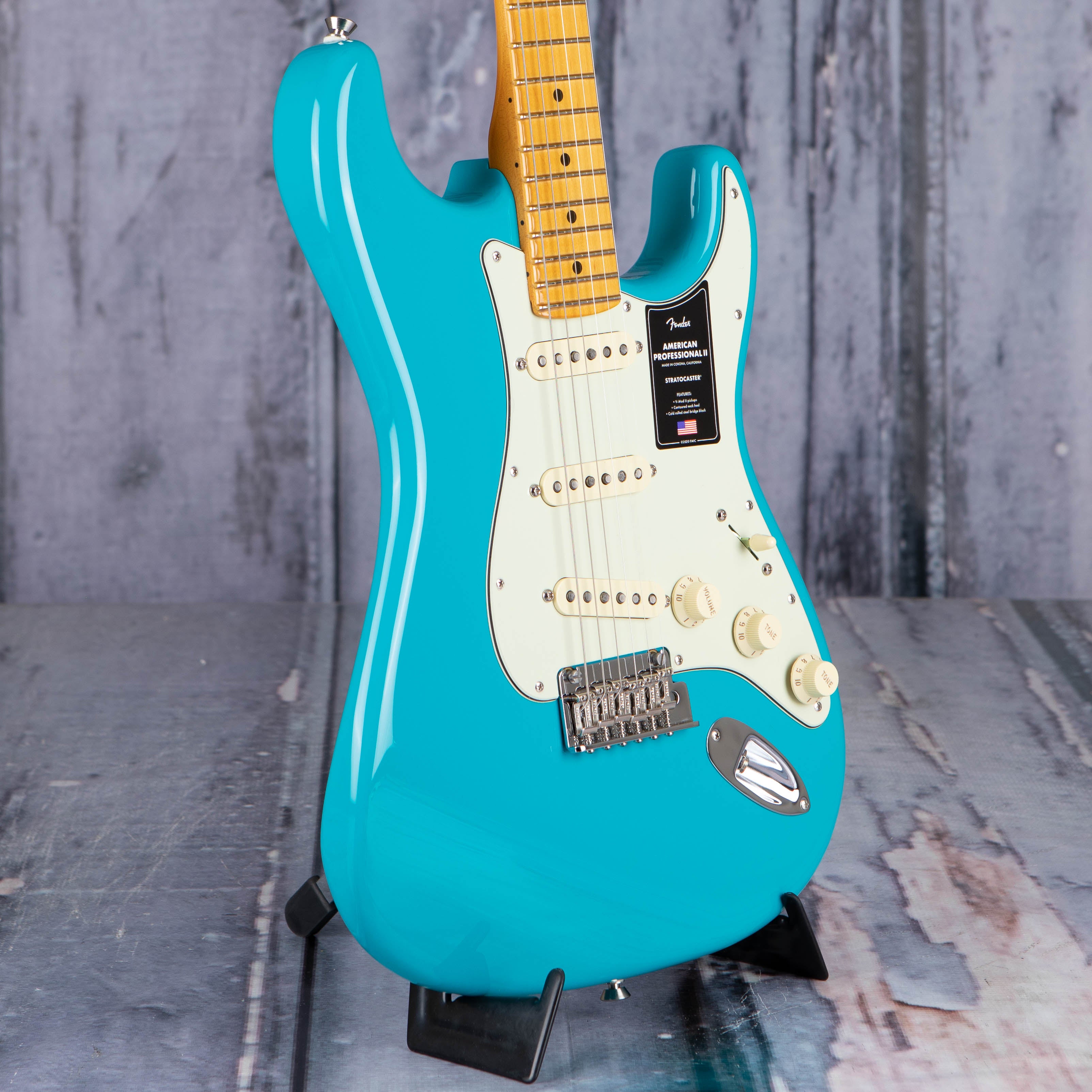 Fender American Professional II Stratocaster Electric Guitar, Miami Blue, angle