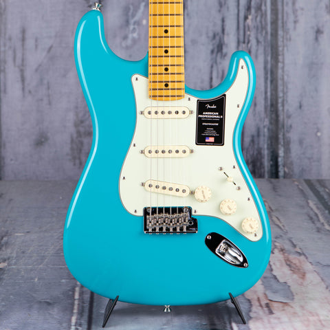 Fender American Professional II Stratocaster Electric Guitar, Miami Blue, front closeup