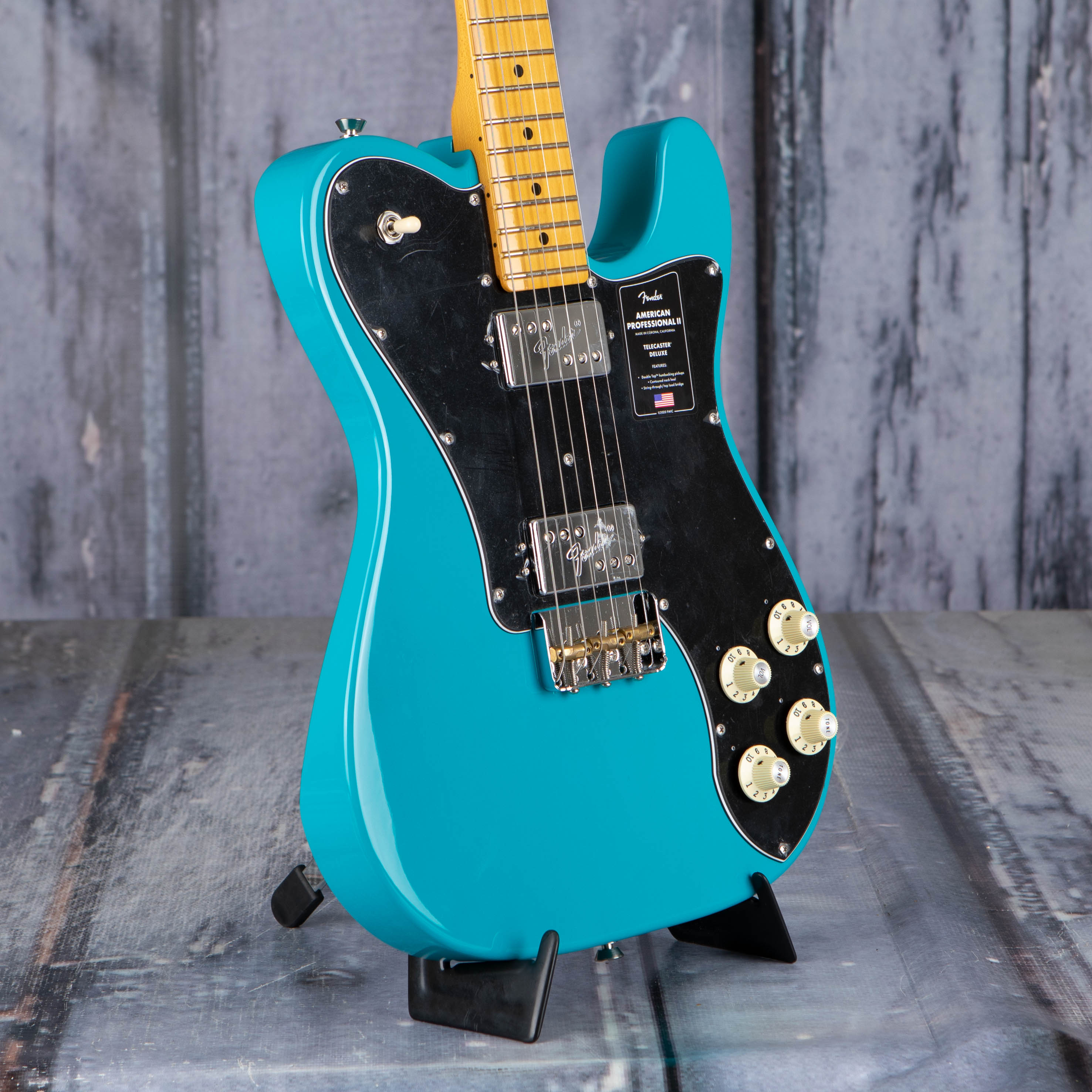 Fender American Professional II Telecaster Deluxe Electric Guitar, Miami Blue *DEMO MODEL*, angle