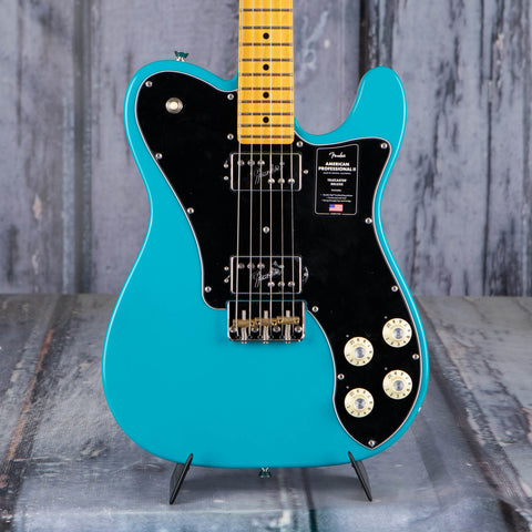 Fender American Professional II Telecaster Deluxe Electric Guitar, Miami Blue *DEMO MODEL*, front closeup