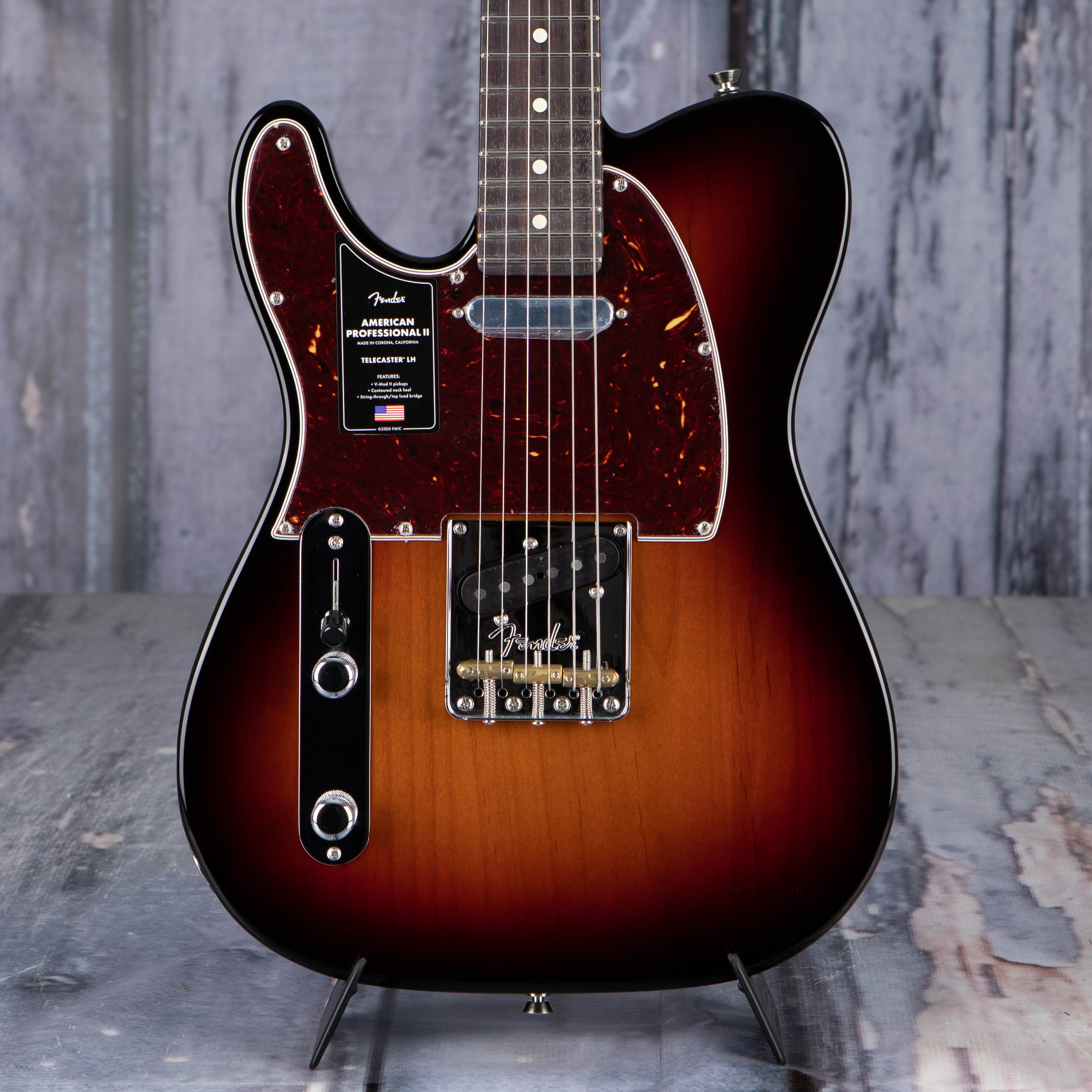 Fender American Professional II Telecaster Left-Handed Electric Guitar, 3-Color Sunburst, front closeup