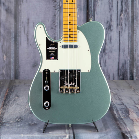 Fender American Professional II Telecaster Left-Handed Electric Guitar, Mystic Surf Green, front closeup