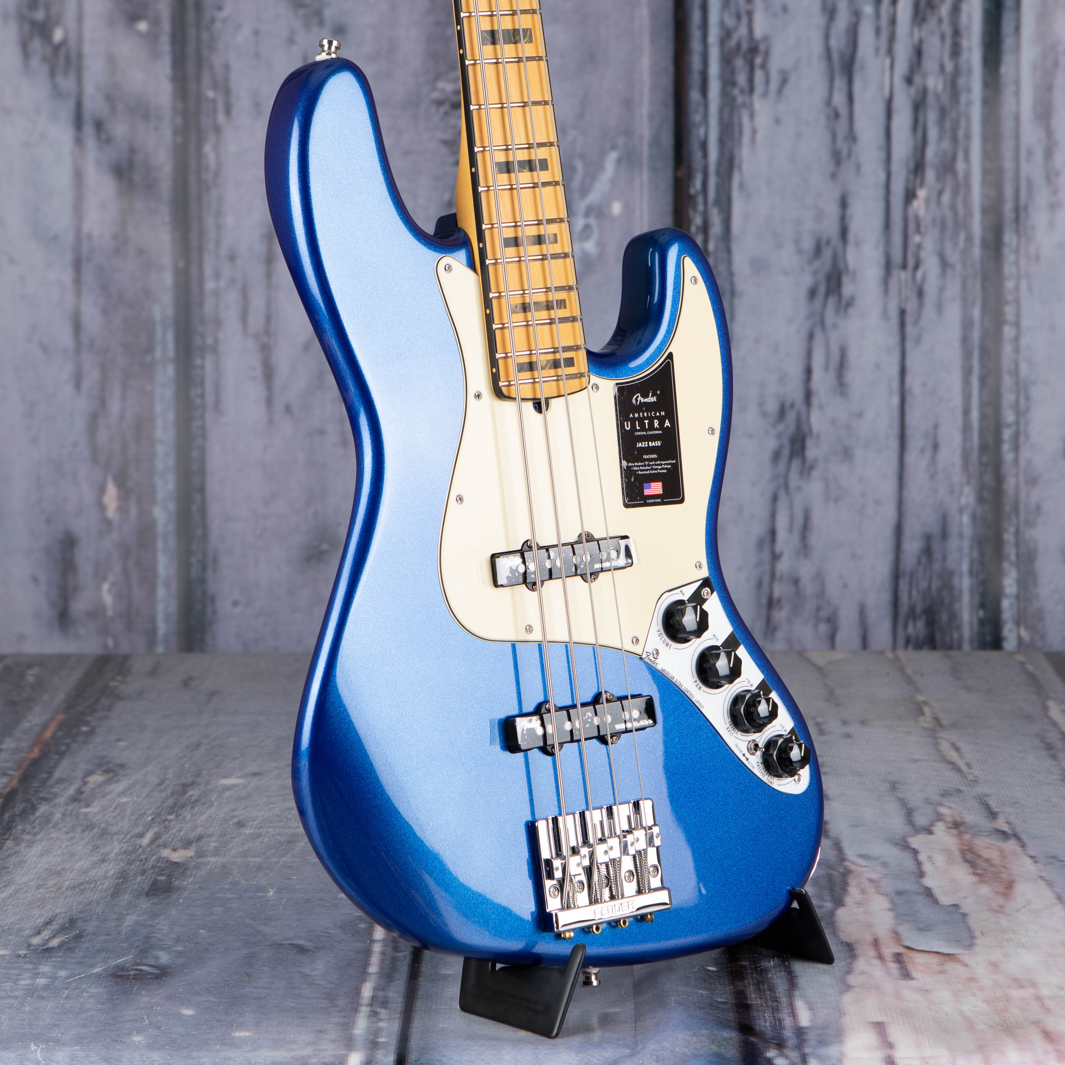 Fender American Ultra Jazz Bass Guitar, Maple Fingerboard, Cobra Blue, angle