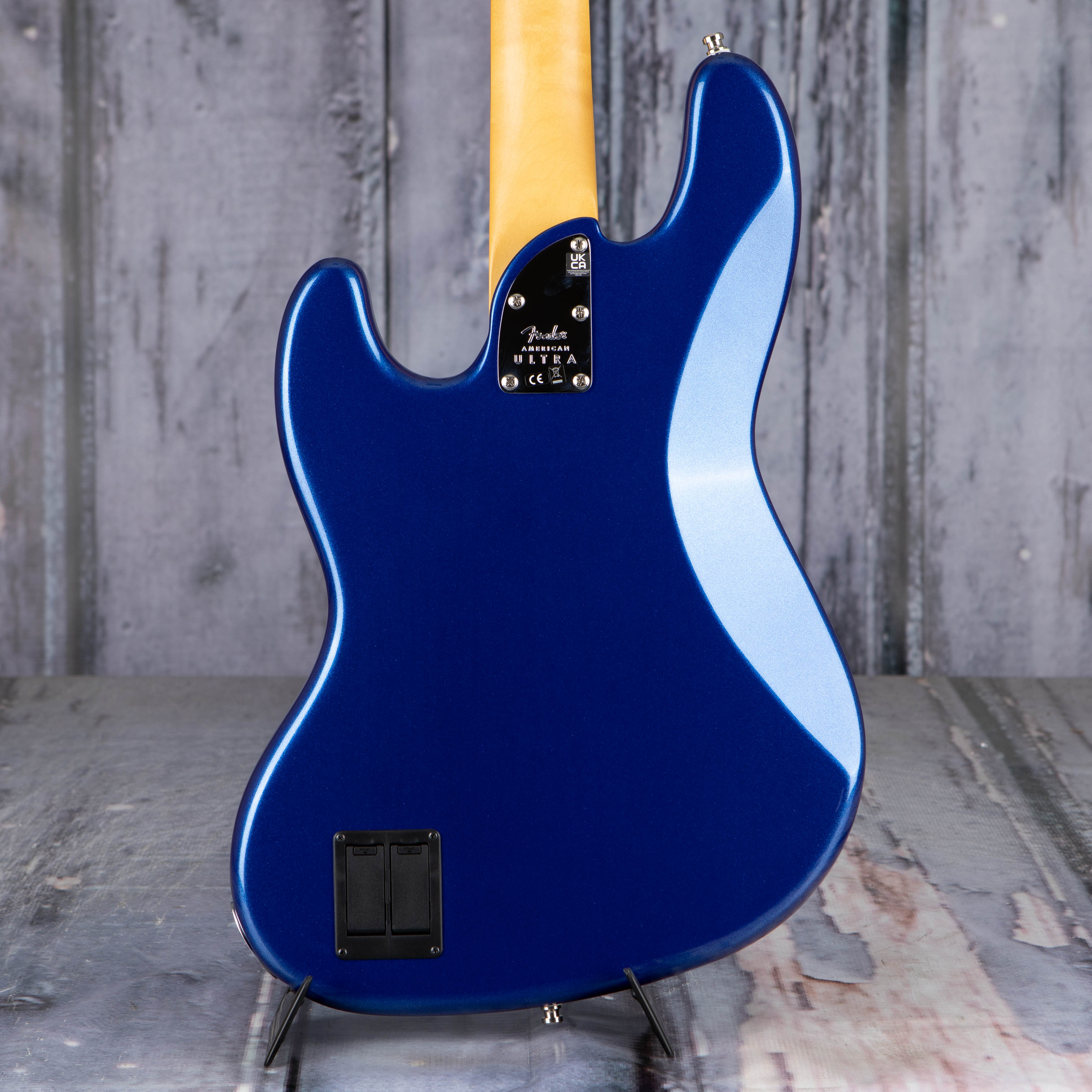 Fender American Ultra Jazz Bass Guitar, Maple Fingerboard, Cobra Blue, back closeup