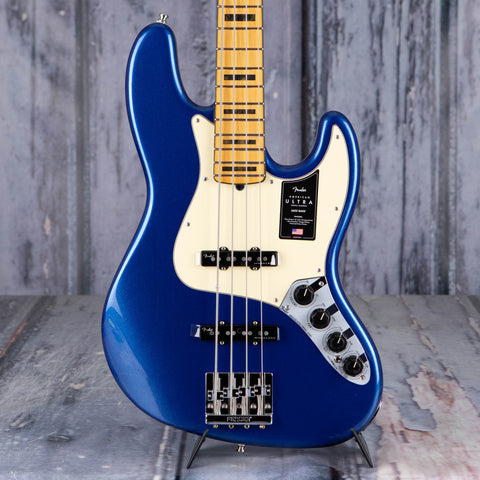 Fender American Ultra Jazz Bass Guitar, Maple Fingerboard, Cobra Blue, front closeup