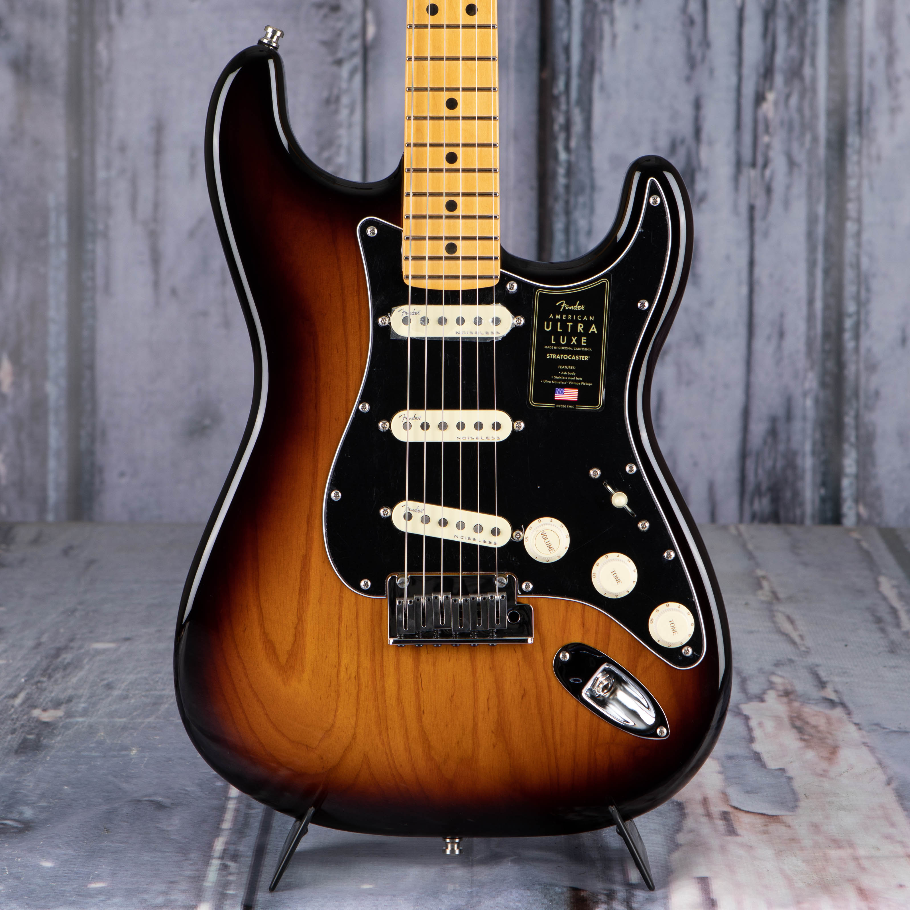 Fender American Ultra Luxe Stratocaster, Maple Fingerboard, 2-Color Sunburst, front closeup