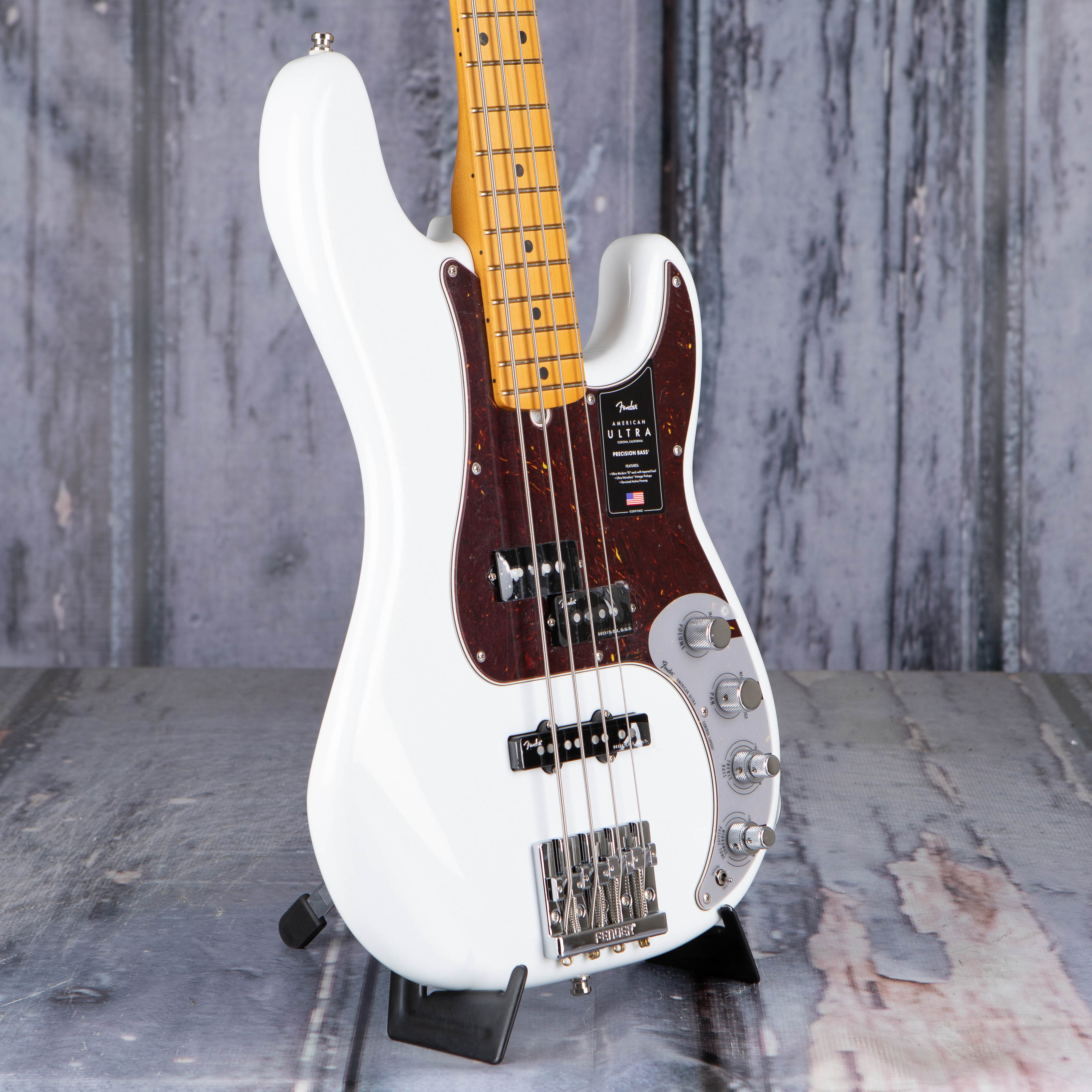 Fender American Ultra Precision Bass Guitar, Maple Fingerboard, Arctic Pearl, angle