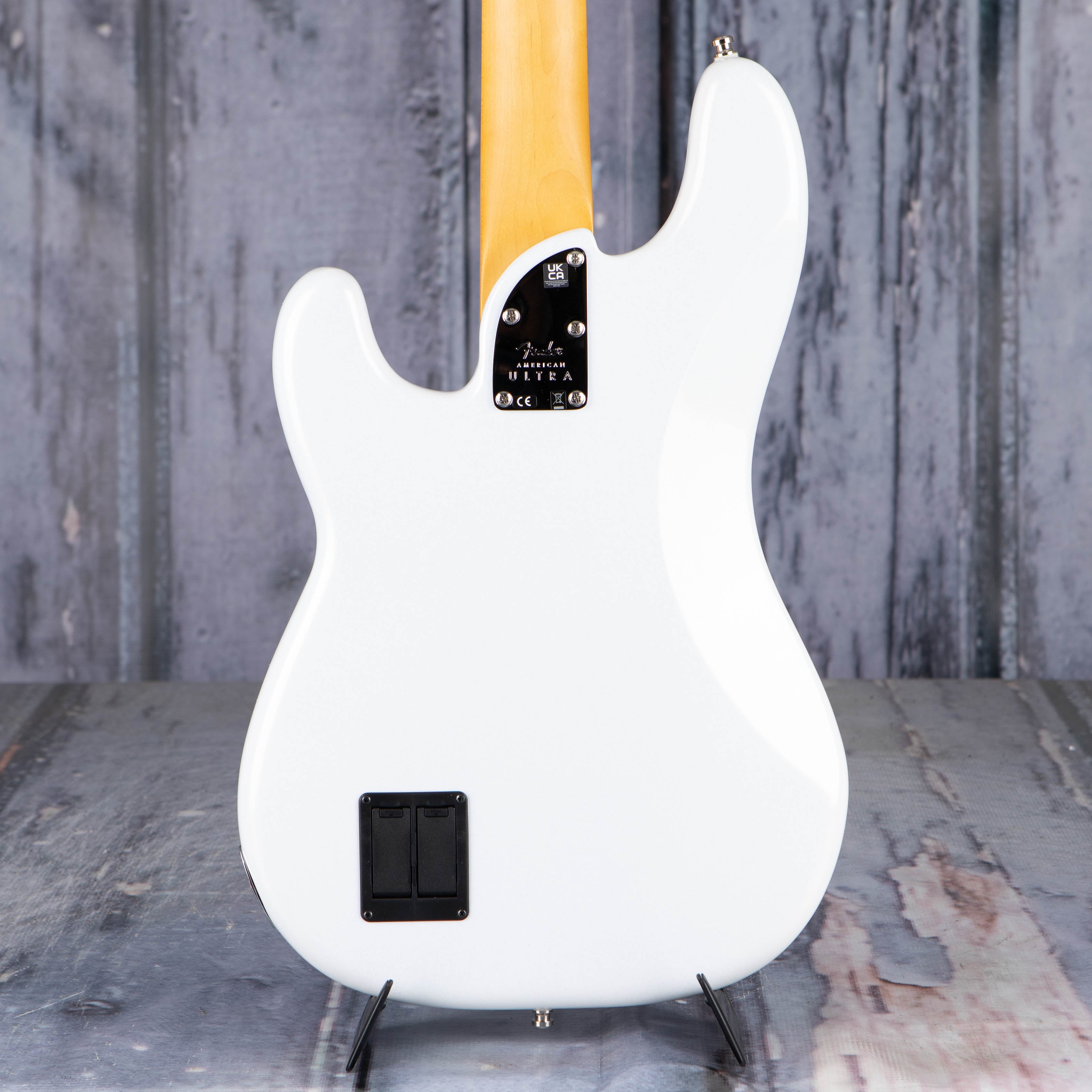 Fender American Ultra Precision Bass Guitar, Maple Fingerboard, Arctic Pearl, back closeup