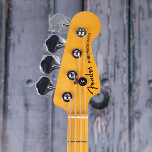 Fender American Ultra Precision Bass Guitar, Maple Fingerboard, Arctic Pearl, front headstock