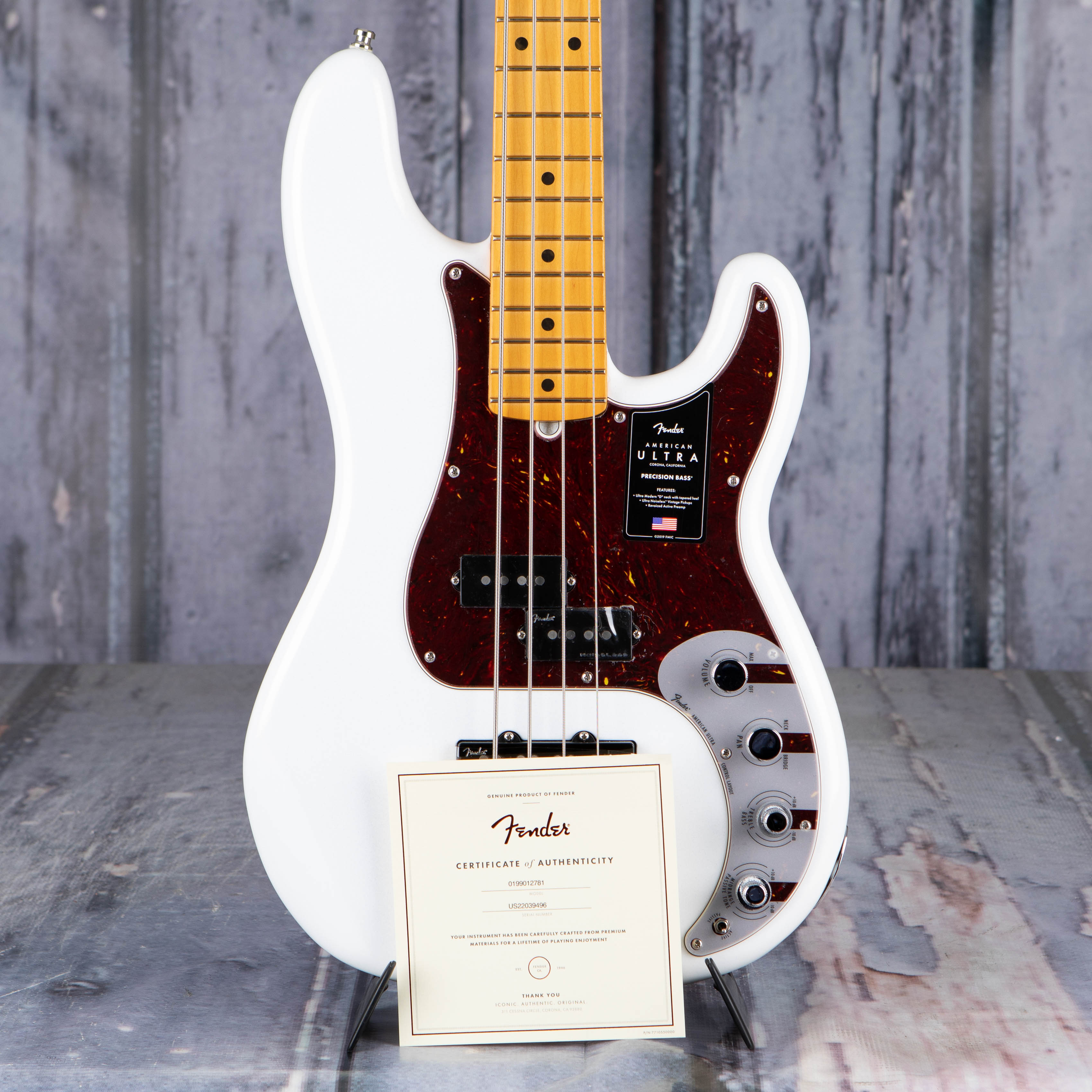 Fender American Ultra Precision Bass Guitar, Maple Fingerboard, Arctic Pearl, coa