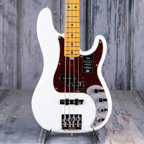 Fender American Ultra Precision Bass Guitar, Maple Fingerboard, Arctic Pearl, front closeup