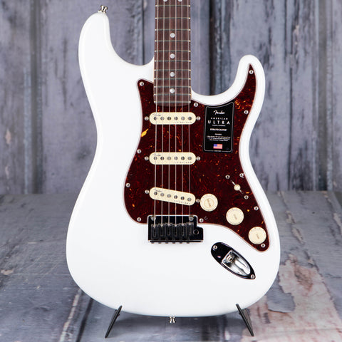 Fender American Ultra Stratocaster Electric Guitar, Rosewood Fingerboard, Arctic Pearl, front closeup
