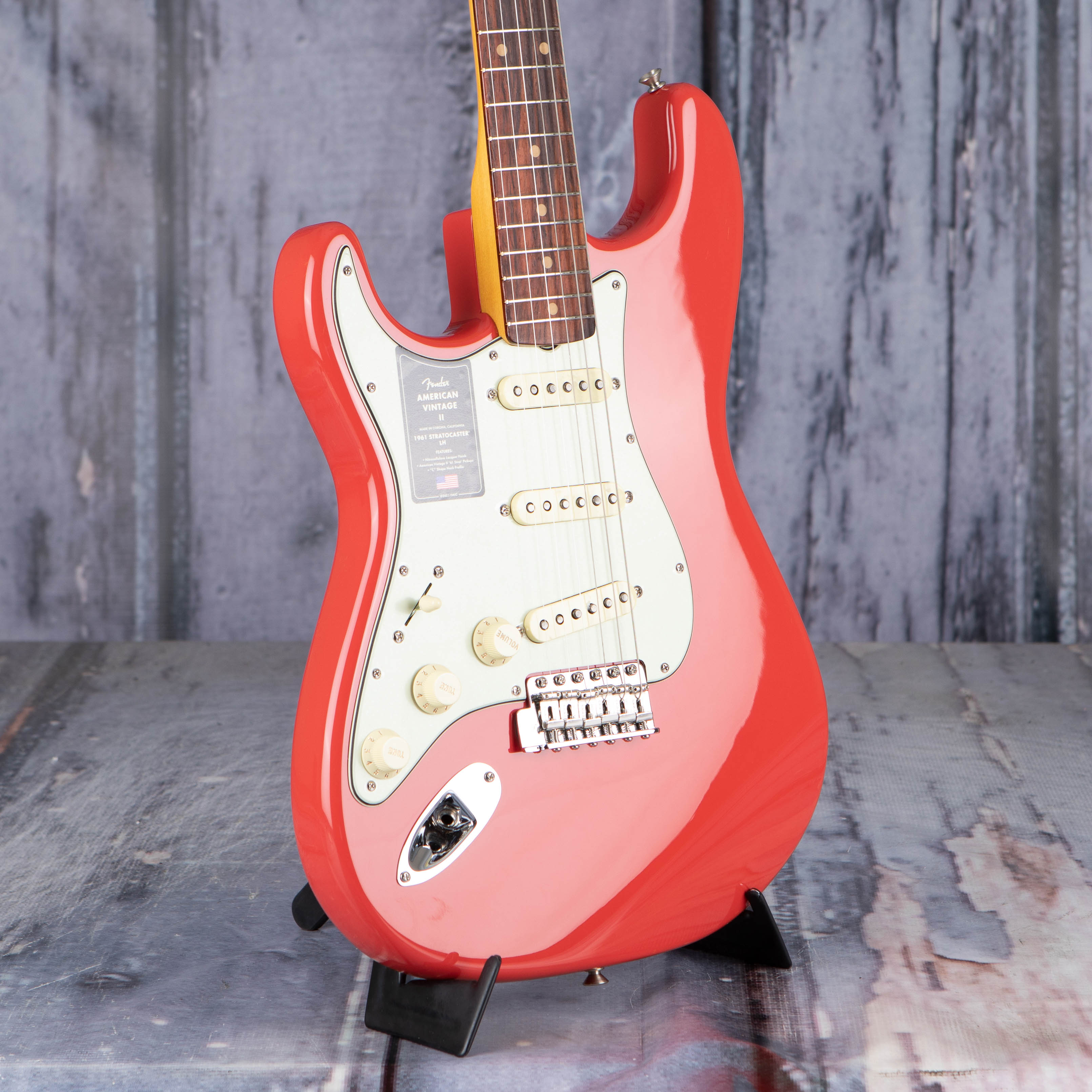 Fender American Vintage II 1961 Stratocaster Left-Handed Electric Guitar, Fiesta Red, angle