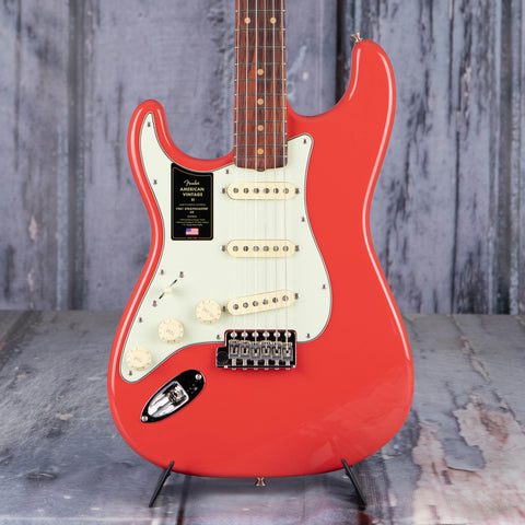 Fender American Vintage II 1961 Stratocaster Left-Handed Electric Guitar, Fiesta Red, front closeup