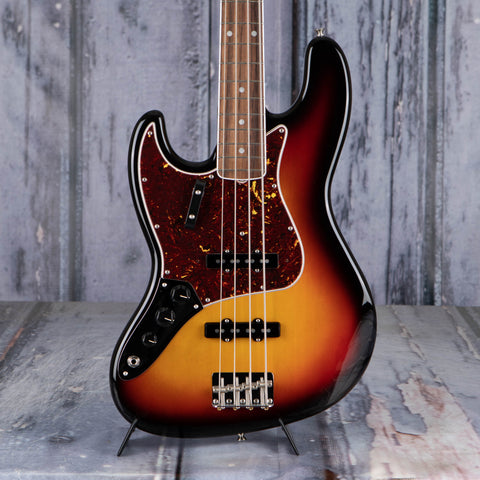 Fender American Vintage II 1966 Jazz Bass Left-Handed Electric Guitar, 3-Color Sunburst, front closeup