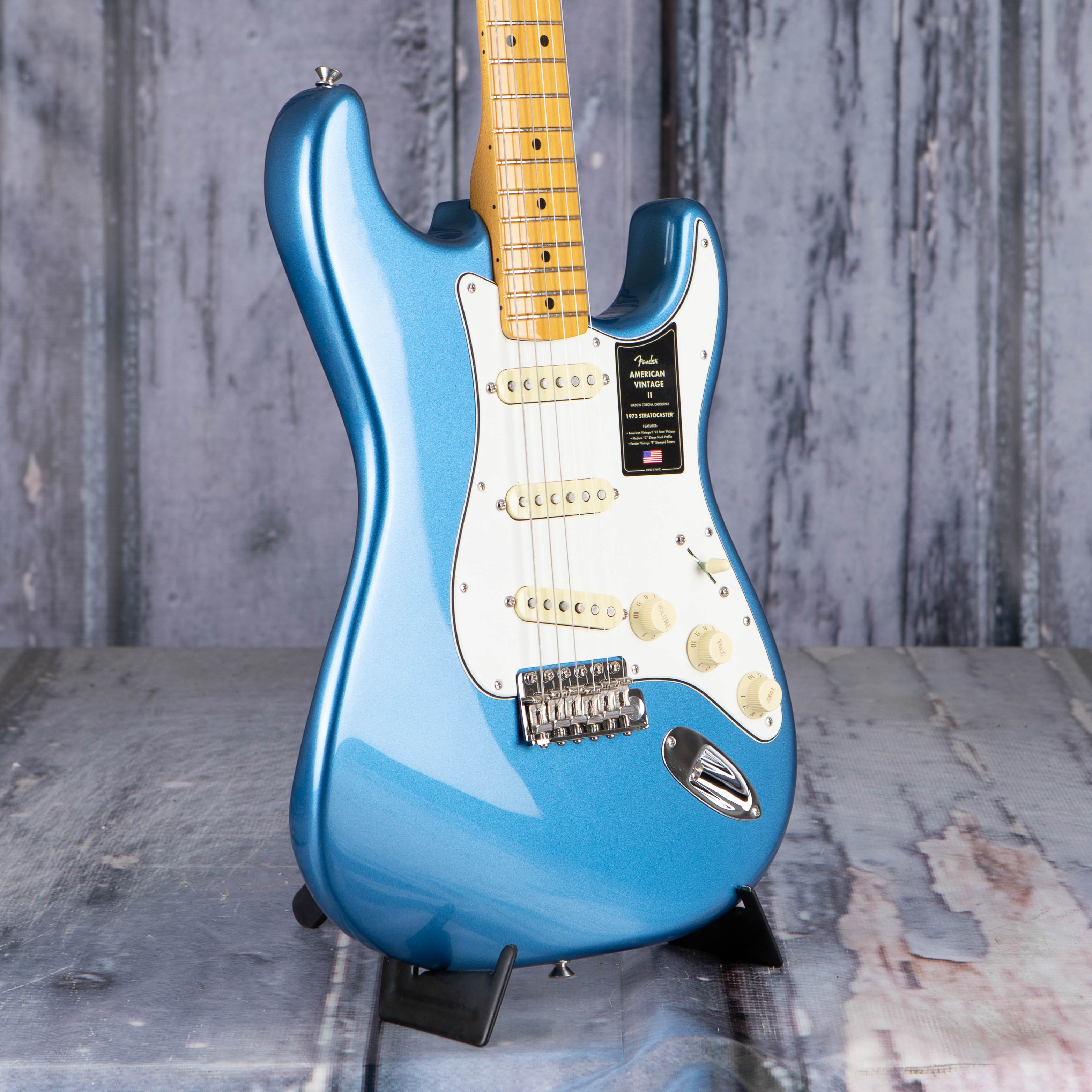 Fender American Vintage II 1973 Stratocaster Electric Guitar, Lake Placid Blue, angle
