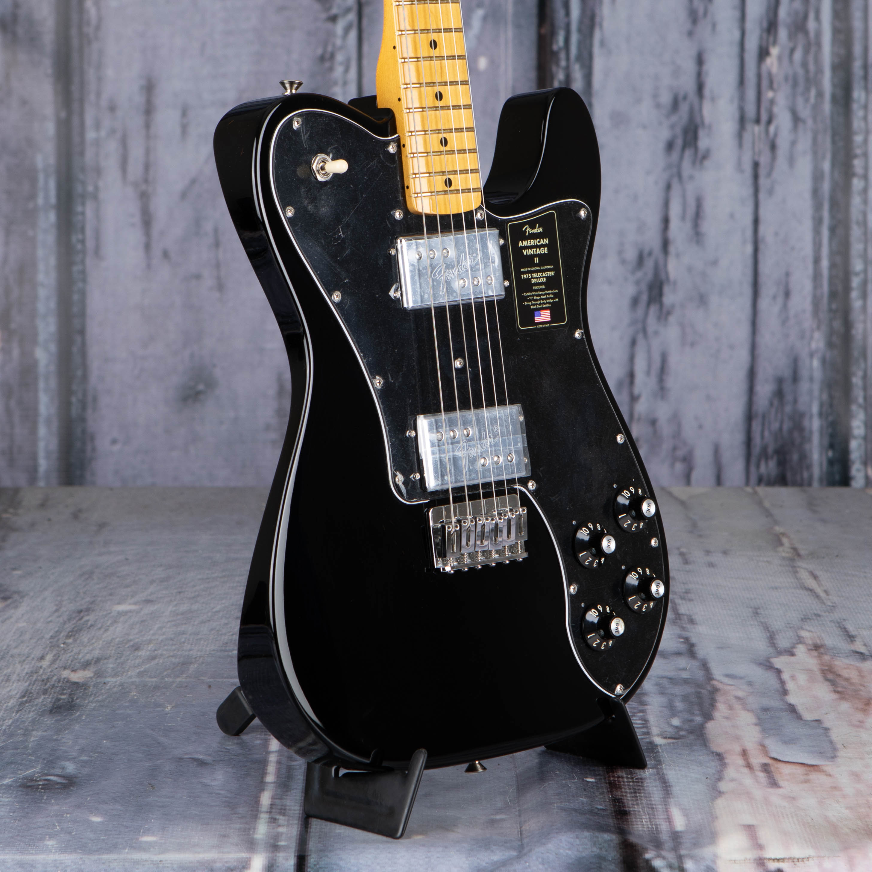 Fender American Vintage II 1975 Telecaster Deluxe Electric Guitar, Black, angle