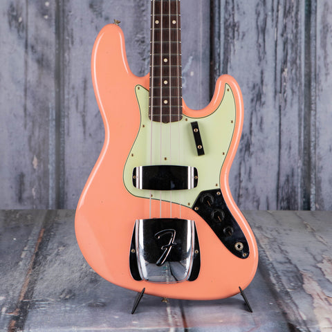 Fender Custom Shop Limited '64 Jazz Bass Journeyman Relic Electric Bass Guitar, Super Faded Aged Tahitian Coral, front closeup