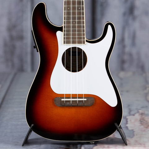 Fender Fullterton Strat Acoustic/Electric Ukulele, Sunburst, front closeup