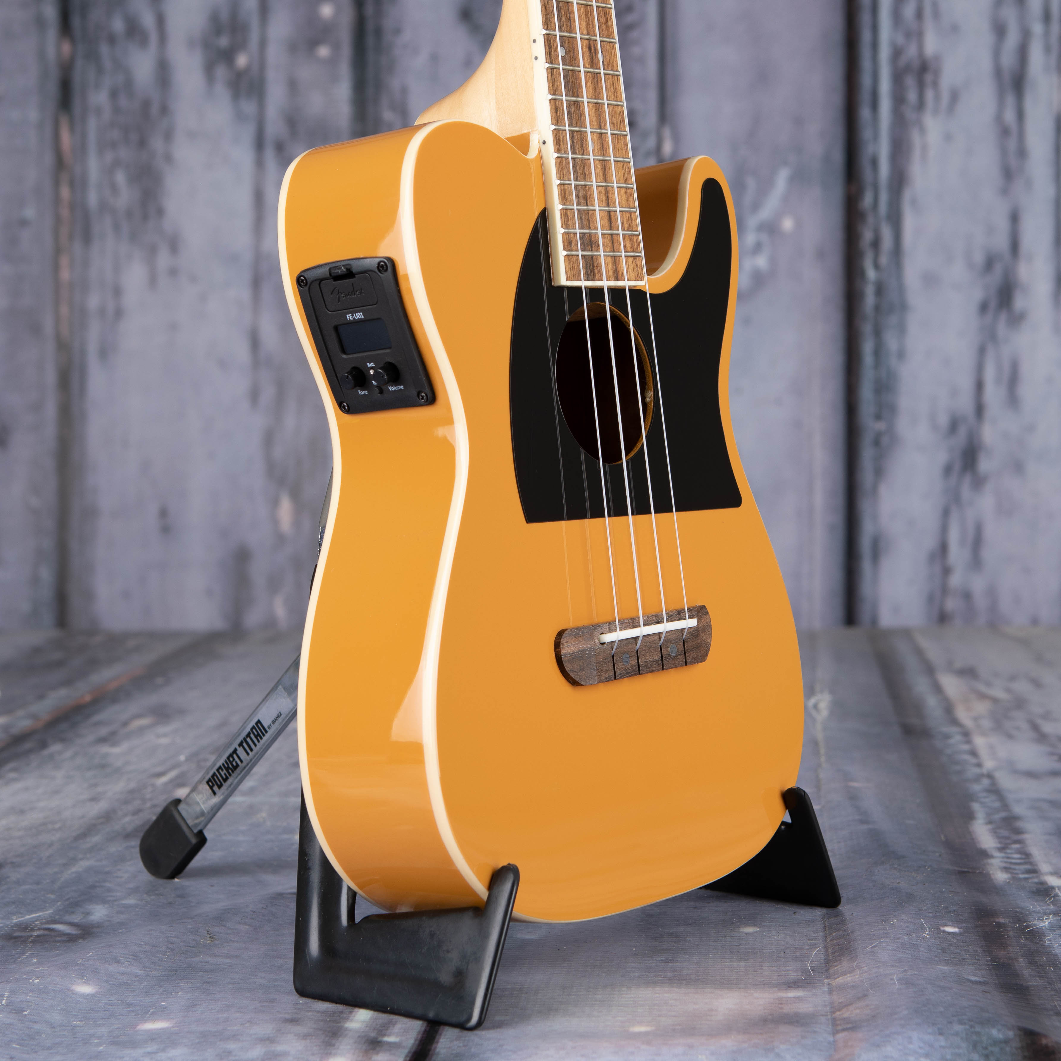 Fender Fullerton Tele Acoustic/Electric Ukulele, Butterscotch Blonde, angle