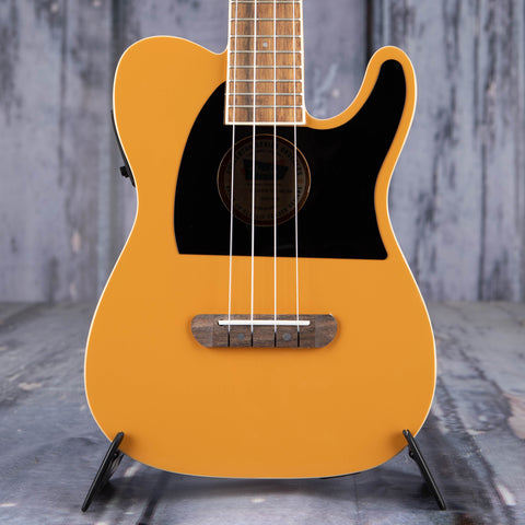 Fender Fullerton Tele Acoustic/Electric Ukulele, Butterscotch Blonde, front closeup