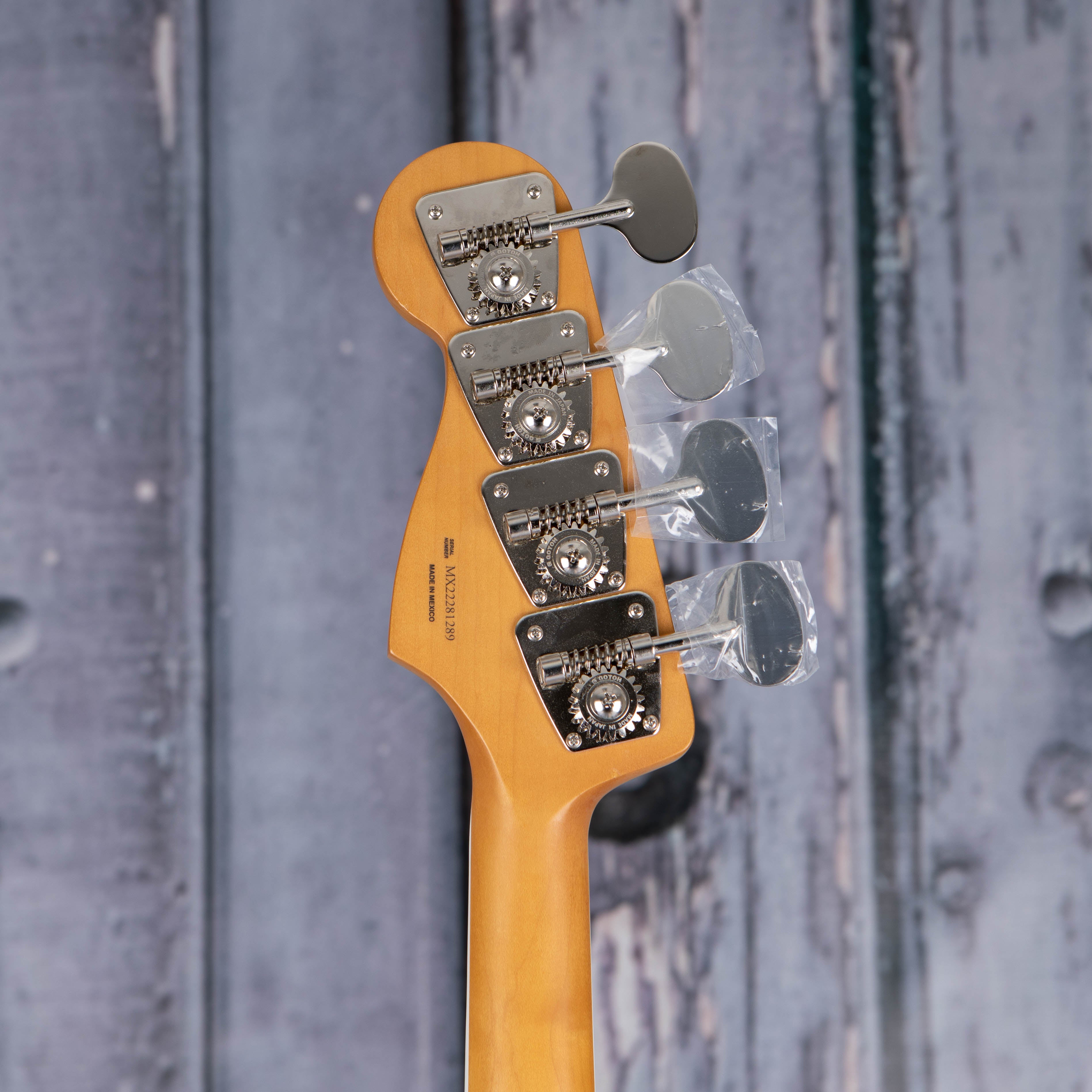 Fender Gold Foil Jazz Bass Guitar, Sonic Blue, back headstock