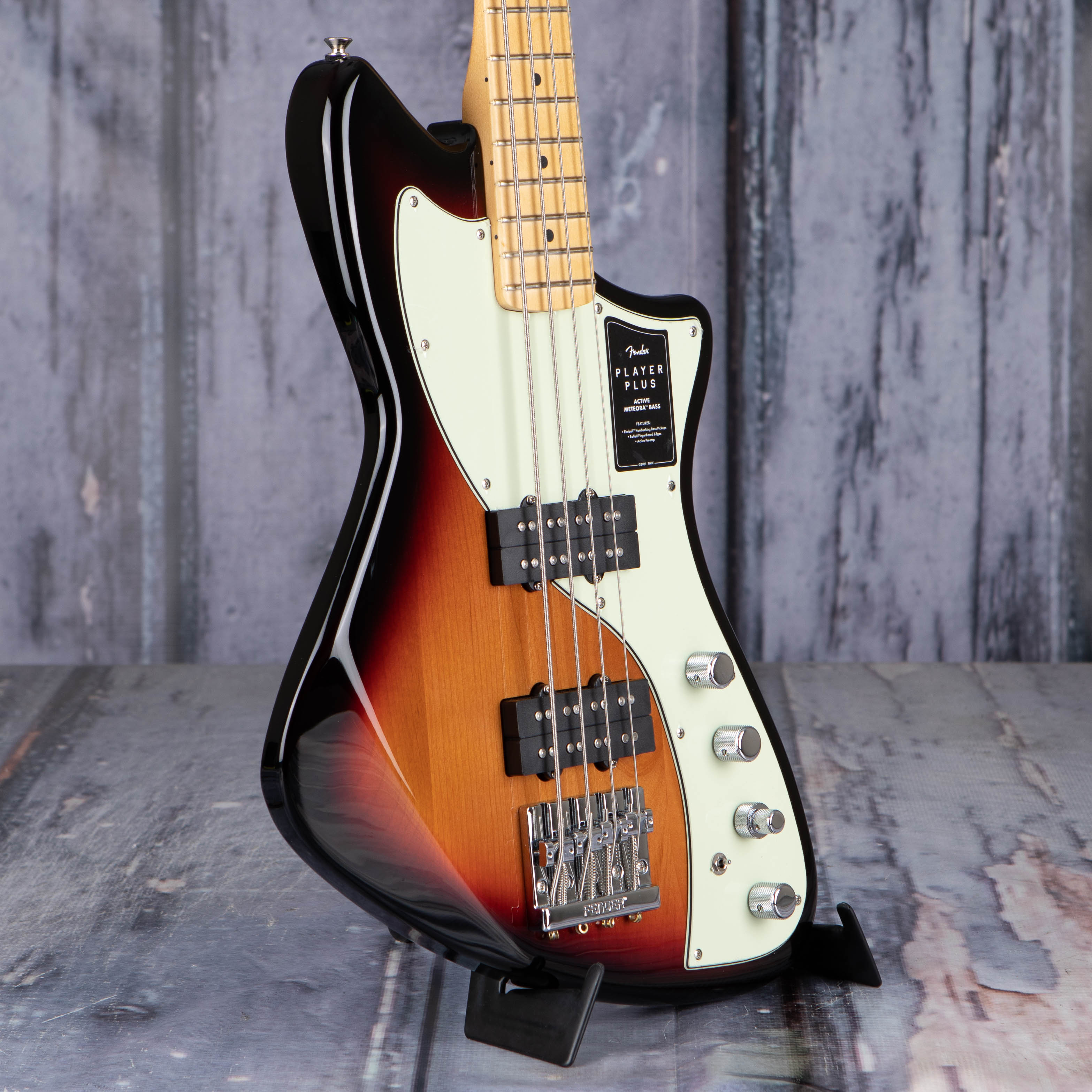 Fender Player Plus Active Meteora Bass Guitar, 3-Color Sunburst, angle