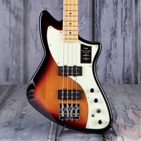 Fender Player Plus Active Meteora Bass Guitar, 3-Color Sunburst, front closeup