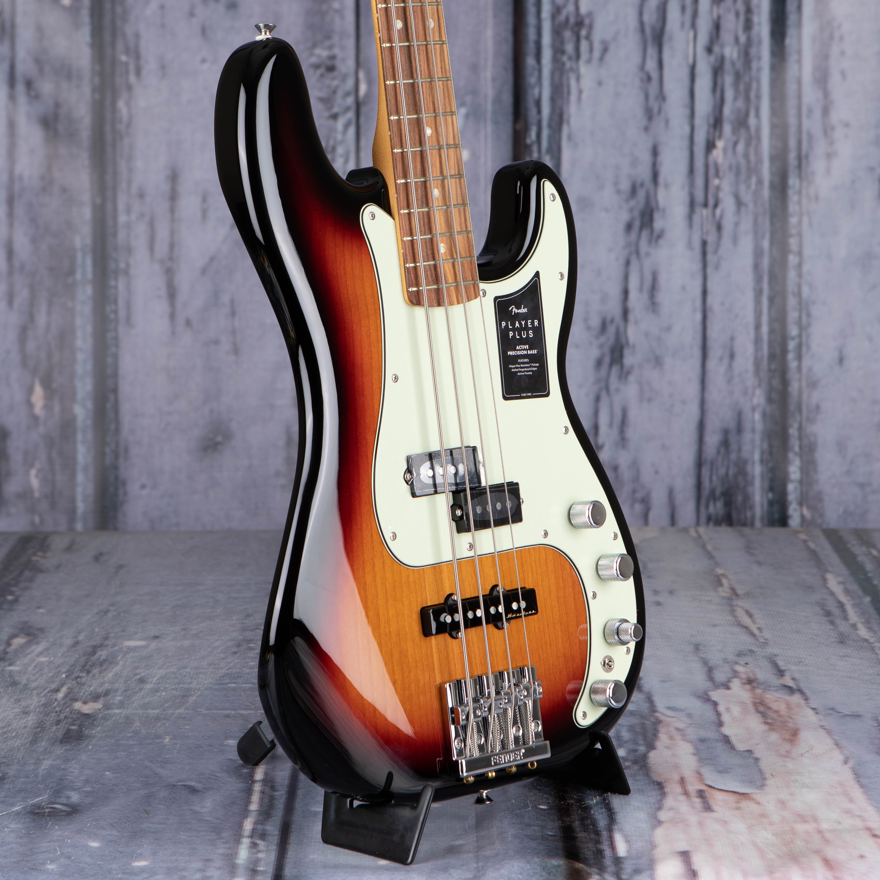 Fender Player Plus Precision Bass Guitar, 3-Color Sunburst, angle