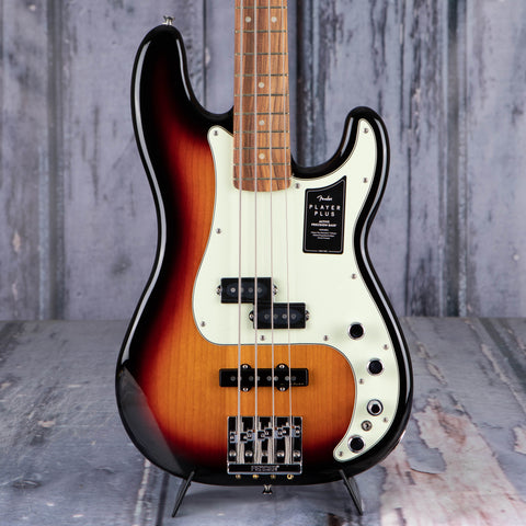 Fender Player Plus Precision Bass Guitar, 3-Color Sunburst, front closeup