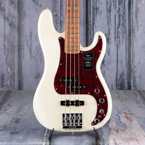Fender Player Plus Precision Bass Guitar, Olympic Pearl, front closeup