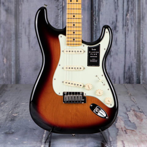 Fender Player Plus Stratocaster Electric Guitar, 3-Color Sunburst, front closeup