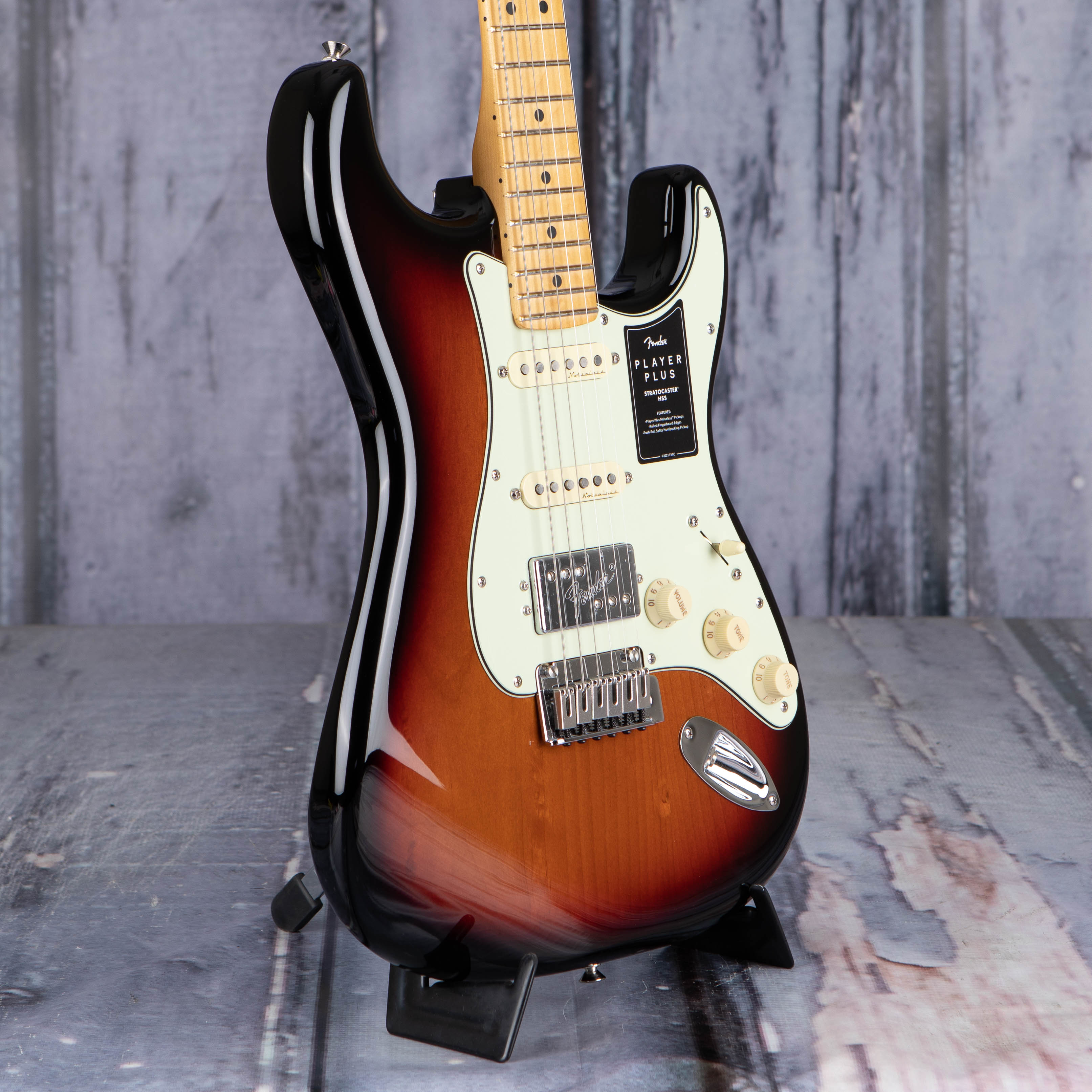 Fender Player Plus Stratocaster HSS Electric Guitar, 3-Color Sunburst, angle