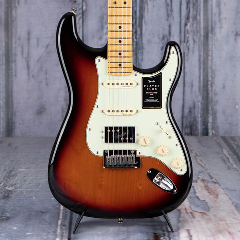 Fender Player Plus Stratocaster HSS Electric Guitar, 3-Color Sunburst, front closeup