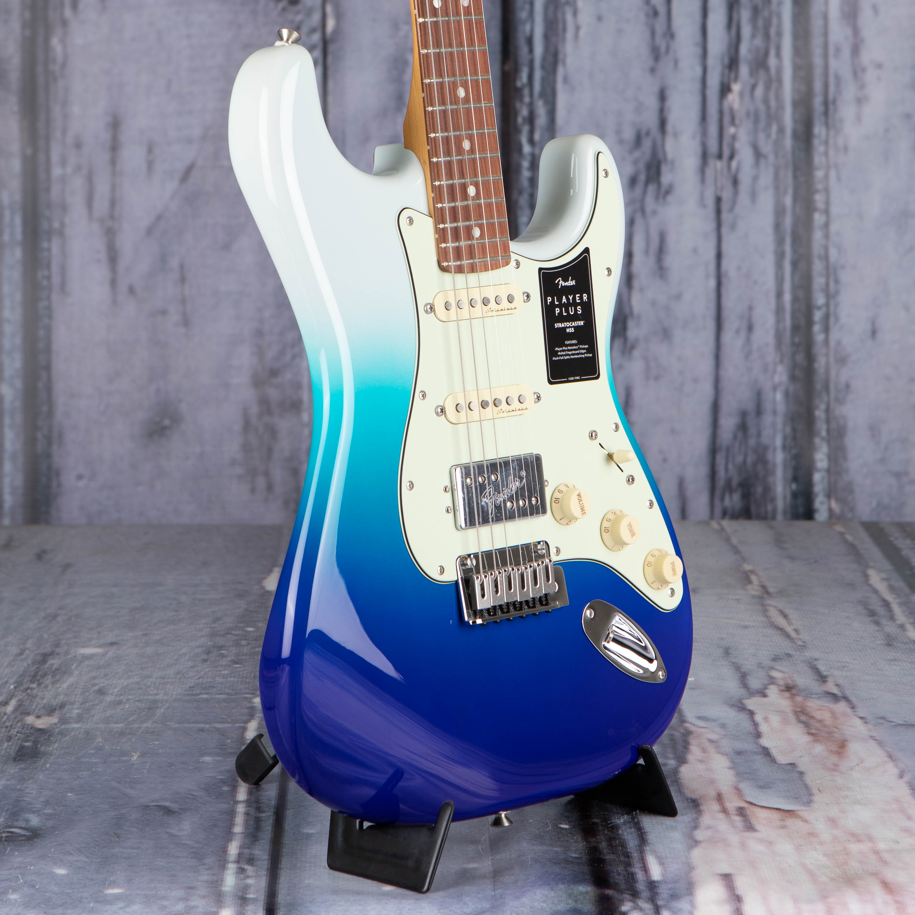 Fender Player Plus Stratocaster HSS Electric Guitar, Belair Blue, angle
