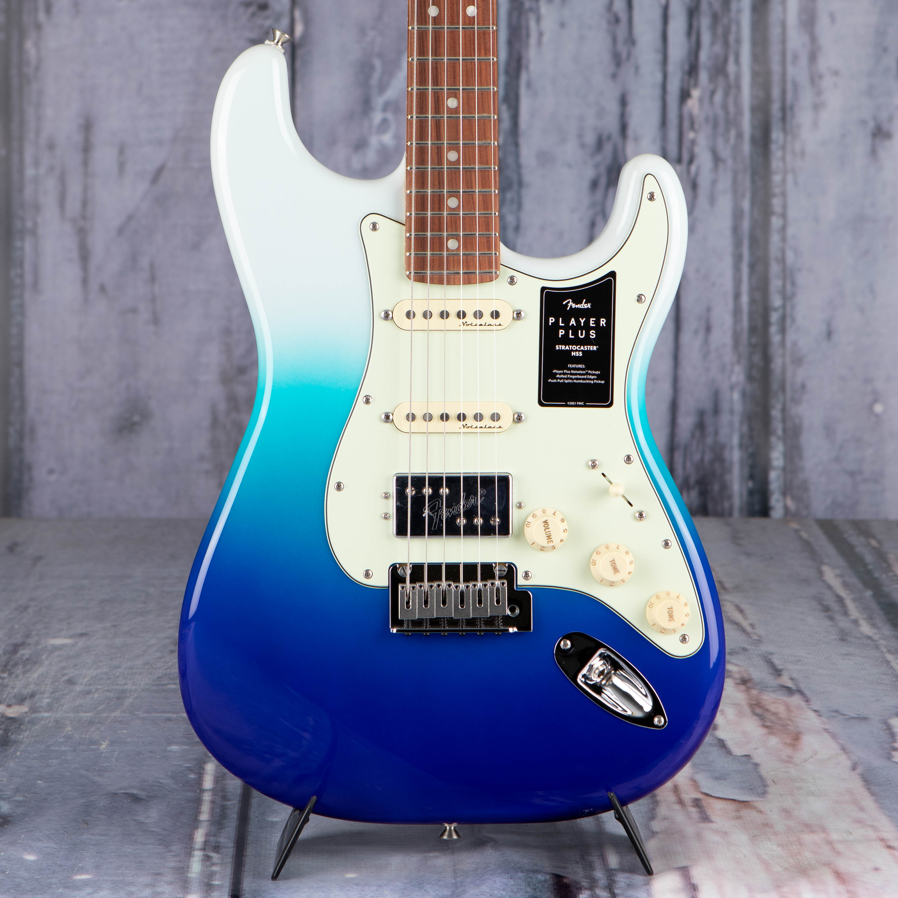 Fender Player Plus Stratocaster HSS Electric Guitar, Belair Blue, front closeup