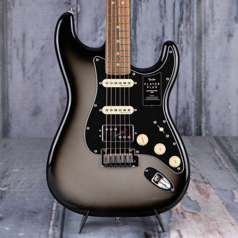 Fender Player Plus Stratocaster HSS Electric Guitar, Silverburst, front closeup