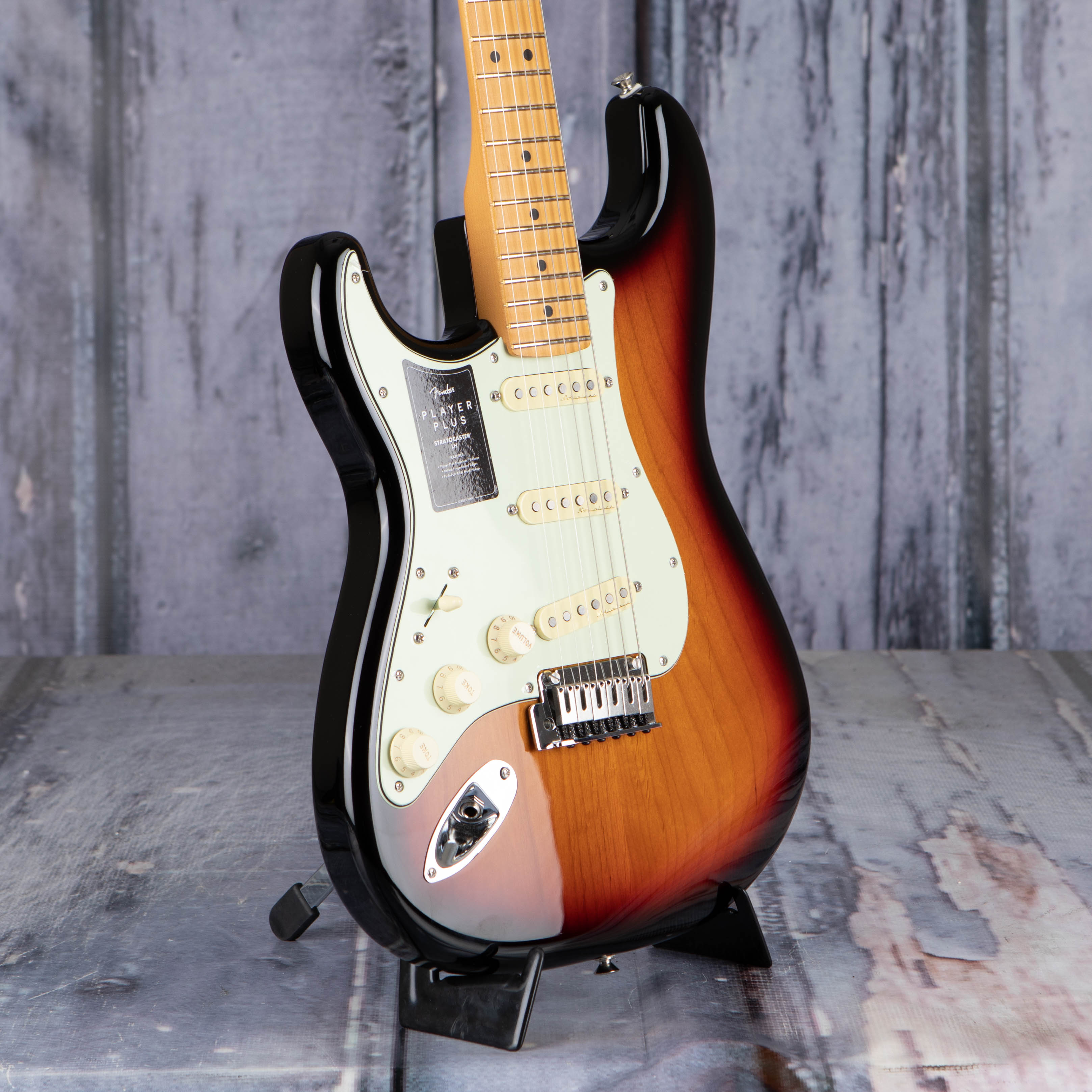 Fender Player Plus Stratocaster Left-Handed Electric Guitar, 3-Color Sunburst, angle