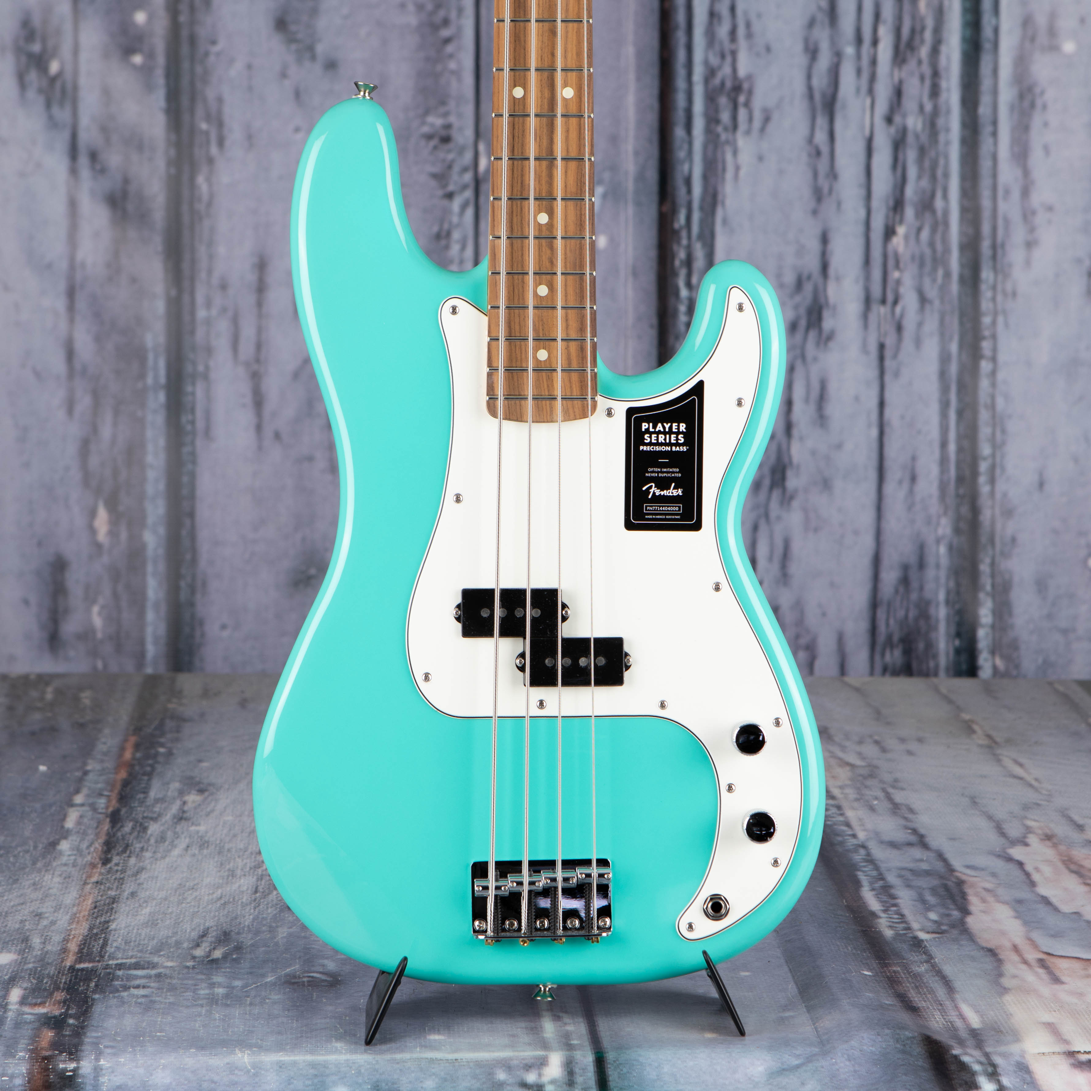 Fender Player Precision Bass Guitar, Sea Foam Green, front closeup