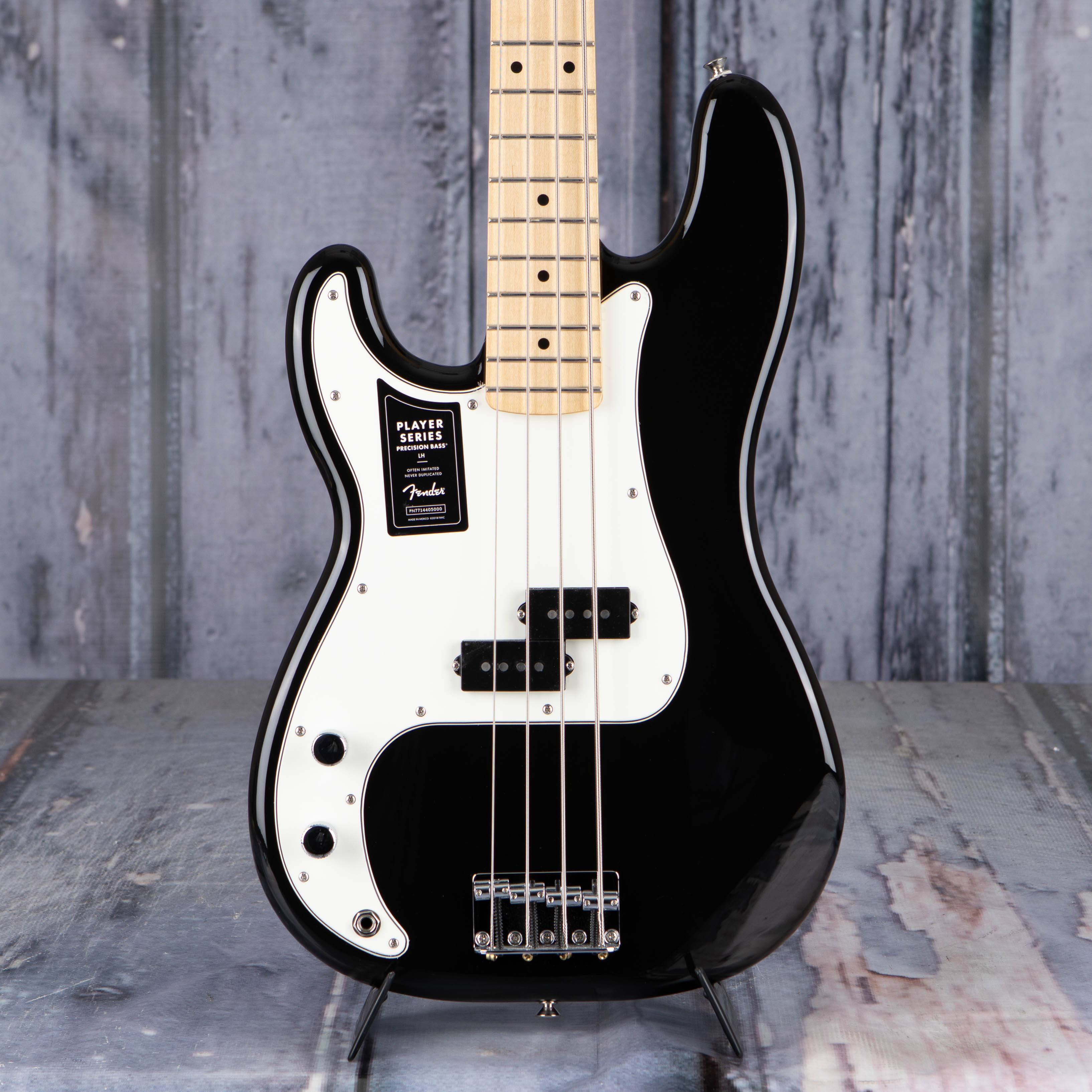 Fender Player Precision Bass Left-Handed Electric Bass Guitar, Black, front closeup