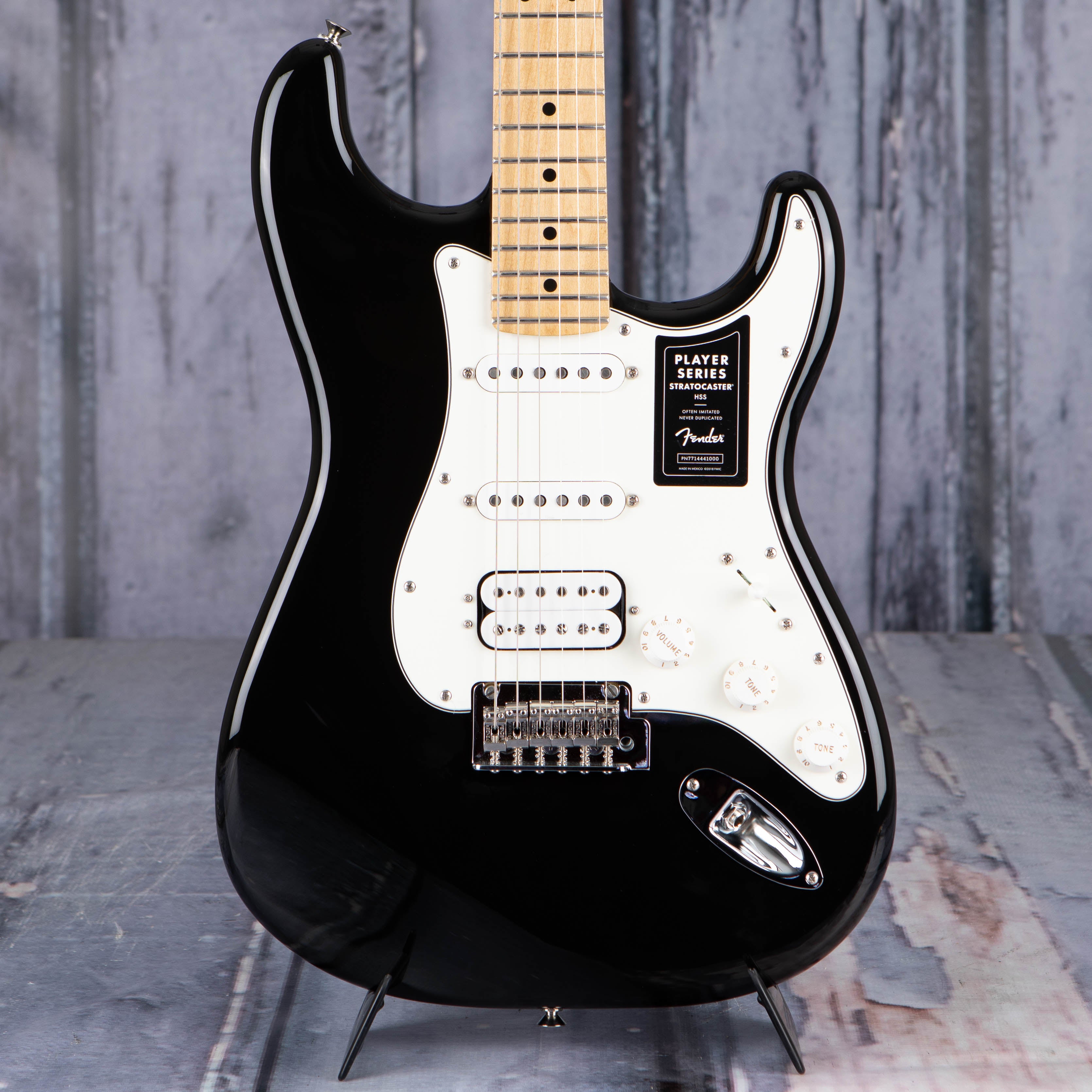 Fender Player Stratocaster HSS Electric Guitar, Black, front closeup