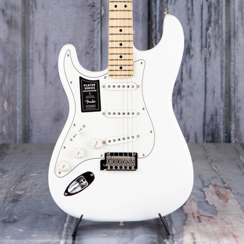 Fender Player Stratocaster Left-Handed Electric Guitar, Polar White, front closeup