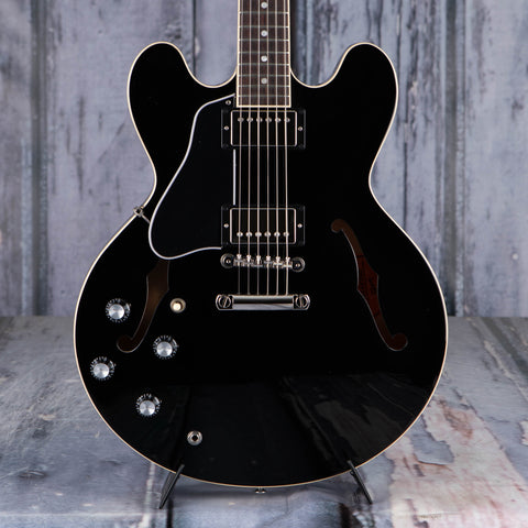 Gibson USA ES-335 Left-Handed Semi-Hollowbody Guitar, Vintage Ebony, front closeup